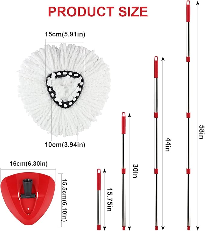 Spin Mop Handle,Head,Base Replacement Compatible with Easywring Microfiber Spin Mop - Replace 30-58in Stick/Pole+5Head Refill+1Base for Easy Wring Spinning Mop Only 1Tank System
