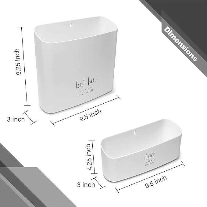 Magnetic Lint Bin for Laundry Room Organization and Storage (2 Piece Set), Waste Holder and Storage Decor, Saves Space with Magnet Mount onto Dryer or Wall Mount Options
