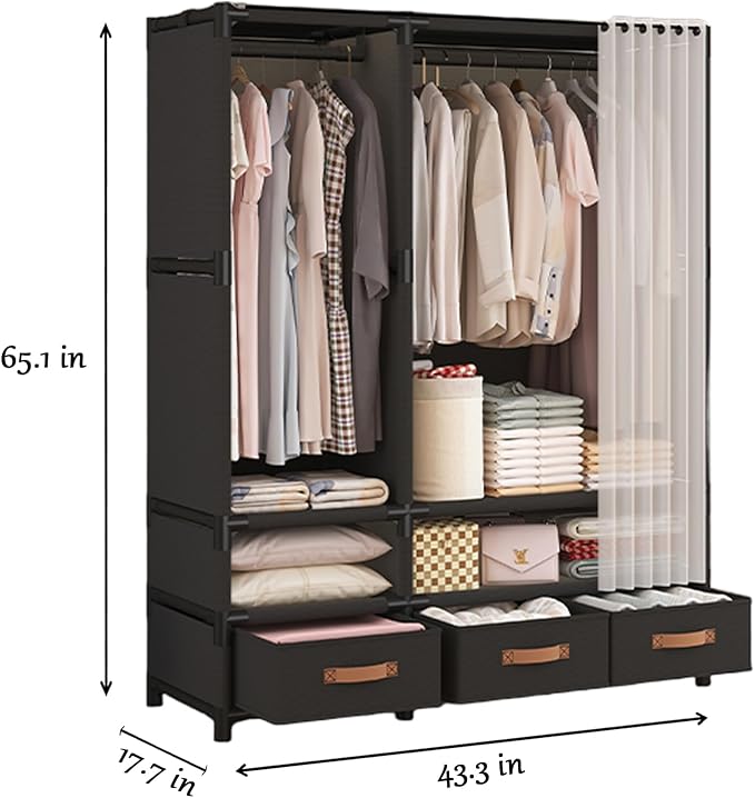Portable Closet,Portable Closets for Hanging Clothes,Japanese Style Wardrobe Clothing Rack with 3 Drawers,1 Hanging Rods and 2 Storage Shelves,43.3" L x 17.7" W x 65.1" H,Black