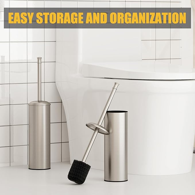 BESy Toilet Brush and Holder, Toilet Cleaner Bowl Set with Two Brush with Extra Long Handle, Durable Bristles Toilet Scrubber and Covered Holder, Drip-Proof Stainless Steel Brushed Nickel