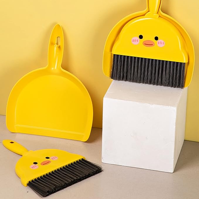 Broom Dustpan Suit Cartoon Duck Dormitory Debris Brush for Indoor Outdoor Traveling Camping Portable
