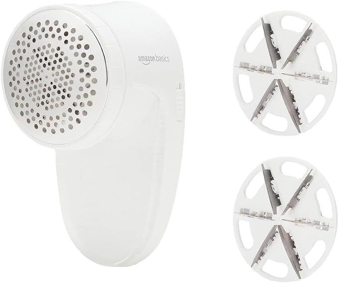 Amazon Basics Battery Operated Fabric Shaver for Clothes, Remove Pilling, Lint and Fuzz Removal, 6-Leaf Blades with Safety Lock, Portable, Includes 2 Spare Blades, White