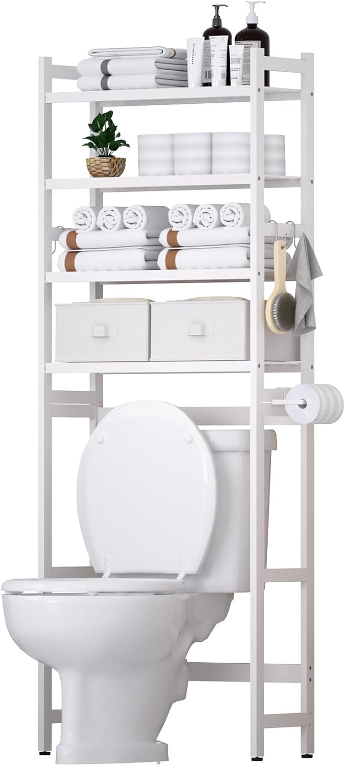 Cozivolife Over The Toilet Storage with 2 Baskets, 4-Tier Bamboo Organizer Rack with Paper Holder & 4 Hooks & Waterproof Feet Pad,Freestanding Shelf for Bathroom(White)