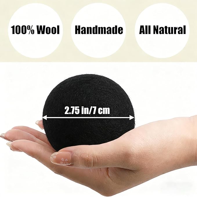 6 Pack Wool Dryer Balls Laundry Reusable Anti Static, Cotton Balls Wool Laundry Balls for Dryer Reduces Clothing Wrinkles Natural Fabric Softener Last 1000+ Loads (Black, 2.75 in/7 cm)