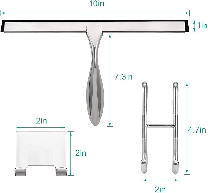 Shower Squeegee for Glass Doors,10-Inch Shower Glass Squeegee, Sliver Shower Squeegee for Shower Doors,Mirror,Windows, with Shower Door Hook and Adhesive Hook