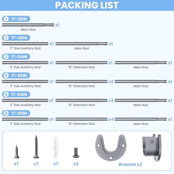 Closet Rods for Hanging Clothes, 17 to 99 Inches No-Cut Stepless Adjustable Closet Rod, 1.3 Inches Expandable Metal Heavy Duty Closet Hanging Rod for Closet Wardrobe Bathroom Laundry RV, Silver