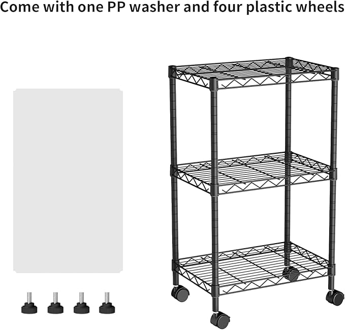 Golpart Small 3 Tier Shelves Storage Wire Shelving Unit Metal Shelf Adjustable Organizers Storage Shelving with Wheels for Bathroom Laundry Room Kitchen Pantry12”D x 18”W x 30.7”H Black