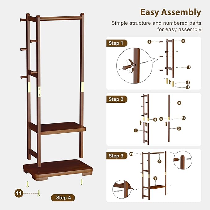 Taitiy Coat Rack Solid Wood Clothes Rack with 2 Shelves & 4 Hooks for Hanging Clothes Garment Wallets Hats, Clothing Rack Coat Rack Freestanding Hall Tree with Storage for Hallway Bedroom Living Room