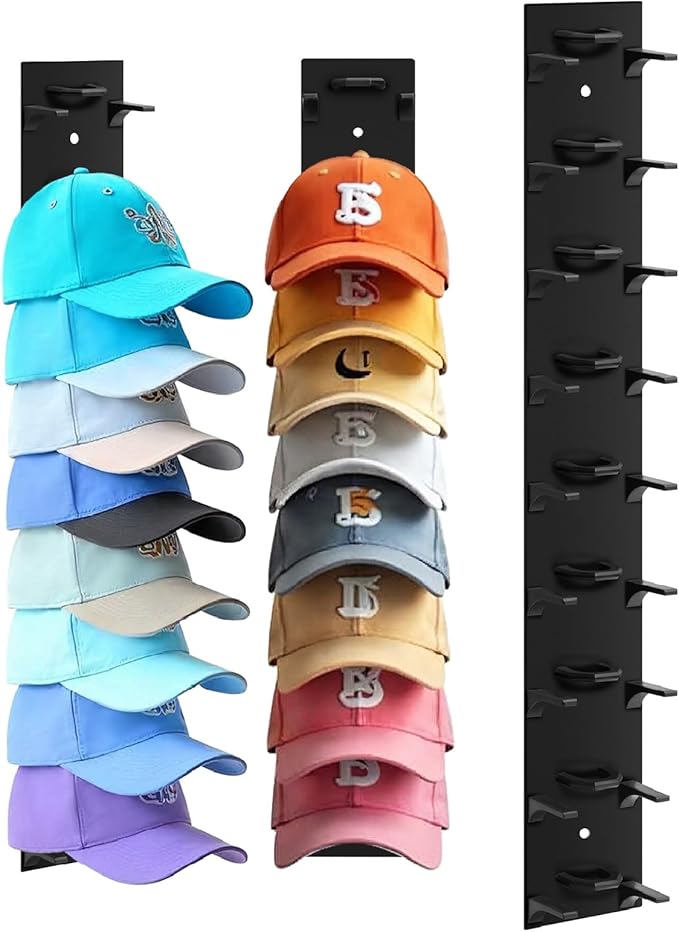 Hat Organizer for Baseball Caps, 1 Pack Hat Rack for Wall Hold up to 18 Hats Strong Adhesive Hat Hooks Stand Multilayer Hat Hanger Organizer Storage Holder Display for Door Closet Bedroom（Black)