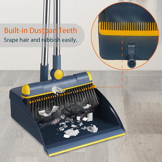 Broom and Dustpan Set for Home, Long Handle Dust Pan and Broom Combo for Indoor Outdoor Heavy Duty Dustpan Set for Kitchen Lobby Office Upright Standing Dustpan with Teeth (Blue)