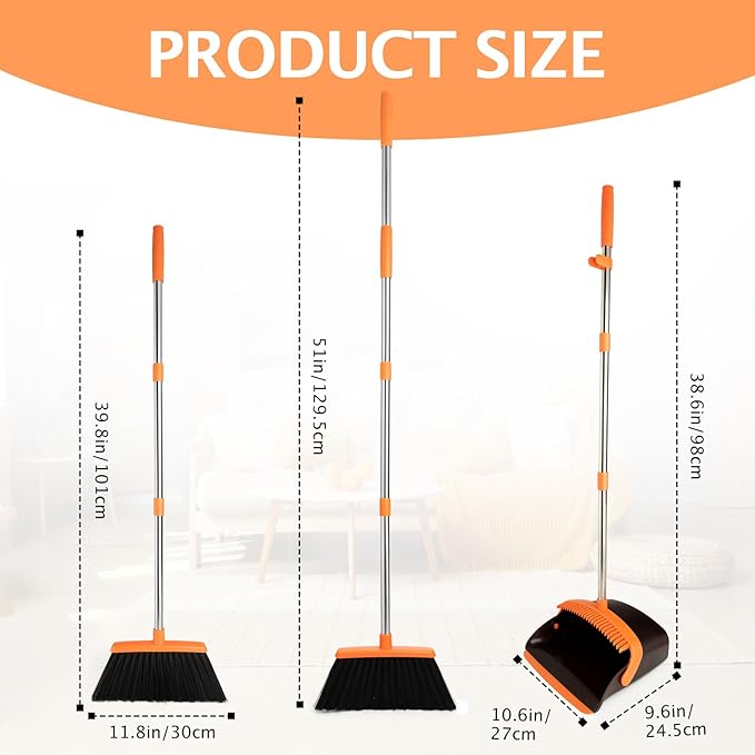 2-Pack Broom and Dustpan Set with Long Handle, Heavy Dust Broom and Dustpan Combo for Home，Kitchen, Office, Pet Hair (Brown Orange)