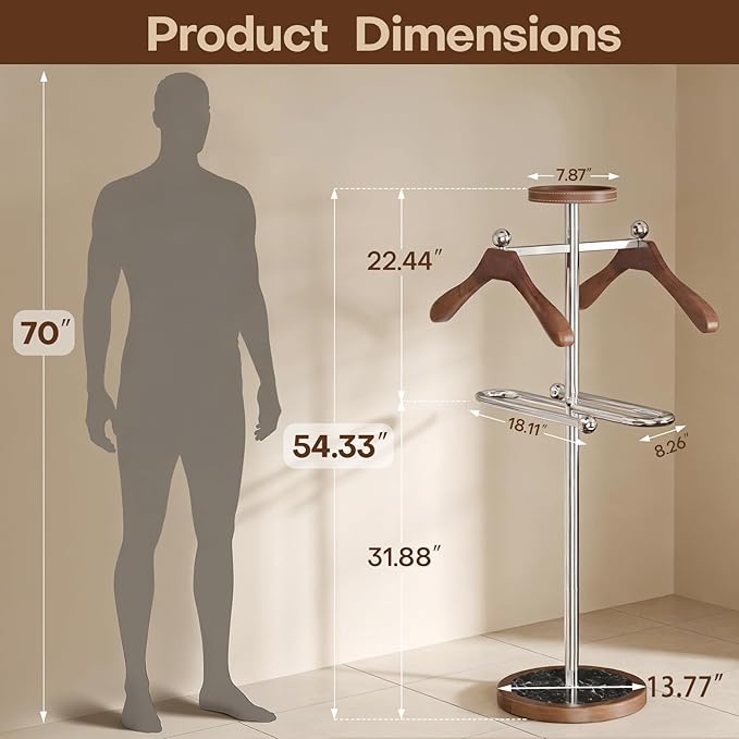 Suit Valet Stand with Marble Base, Freestanding Men’s Clothing Organizer with 2 Wooden Hangers, Storage Tray, Stainless Steel Frame, for Bedroom, Office, Entryway (12.6" x 54.3")