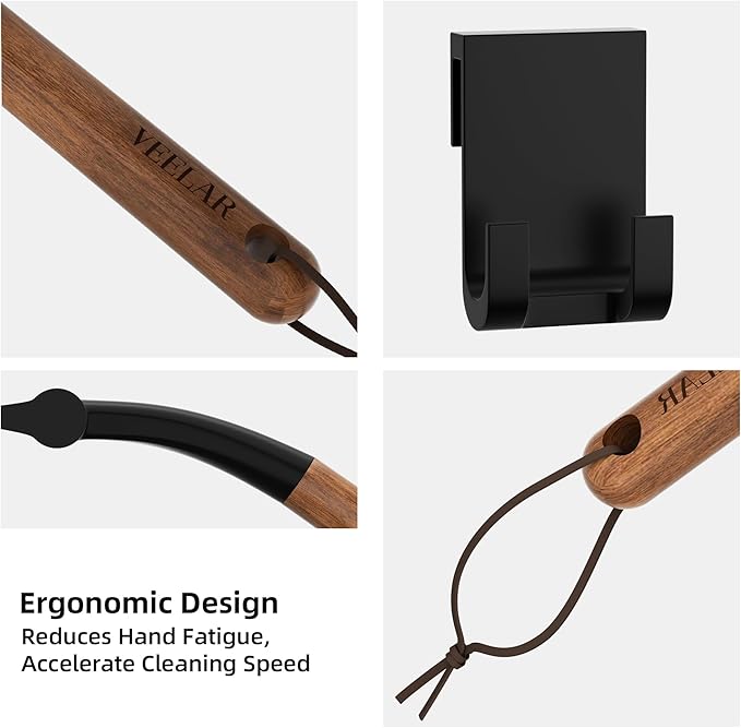 Shower Squeegee for Shower Glass, Bathroom Glass Cleaning Tool with Hook Mount, Squeegee for Glass Doors, Window Cleaning, Tile Shower Walls (Black+Wood)