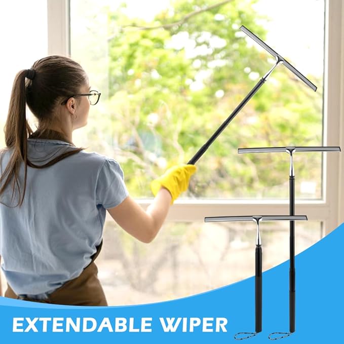 Shower Squeegee with Long Handle, 17-60" Telescopic Window Squeegee with Streak-Free Silicone Blade, Adjustable Cleaning Tool for Glass Doors, Shower Walls, Tile, Car Windshield