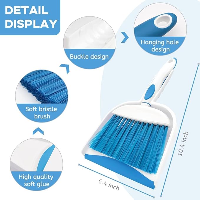 Dust pan, Mini Dustpan and Brush Set, Small Broom and Dustpan Set, Small Hand Broom and dust pan Set, Whisk Broom, Dust pan and Brush for Desk, Table, Home, Kitchen Necessities (Light Blue 2pcs)