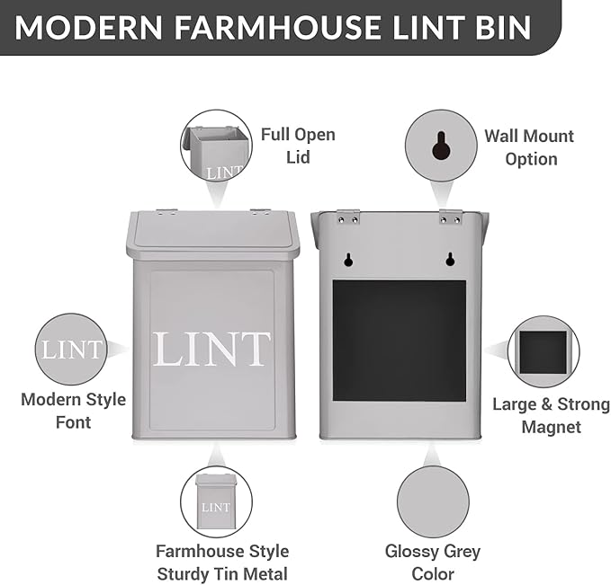 Calindiana Modern Farmhouse Metal Magnetic Lint Bin for Laundry Room Decor and Accessories with Lid and Laundry Room Organization and Storage Wall Mount Space Saving Washer and Dryer Trash Can (Grey)
