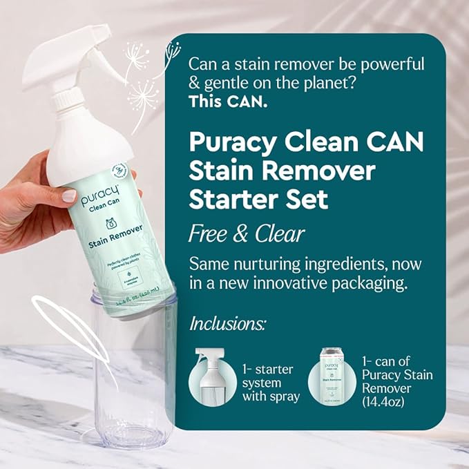 Puracy Natural Stain Remover - Clean Can - Fabric Stain Remover for Clothes Laundry - Stain Treater - Active Enzyme Laundry Stain Remover Spray - Spot Remover for Clothes (Starter Set, Free & Clear)