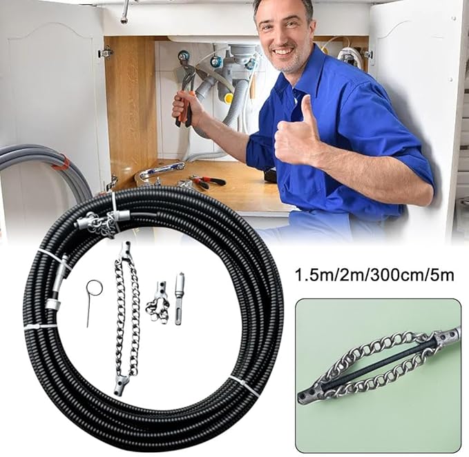 Drain Cleaning Cable for Bathrooms, 2026New Sewer Descaling Chain, 8mm (1/4") Heavy Duty Drain Clog Remover Tools, Flexible Push Snake Cable for PVC Pipes, Toilets (Double and single chain)