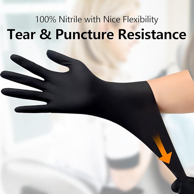 Nitrile Gloves Latex &Powder Free for Cleaning, Food, Automatic, Tattoo, 100 Black Gloves Disposable, X-Large