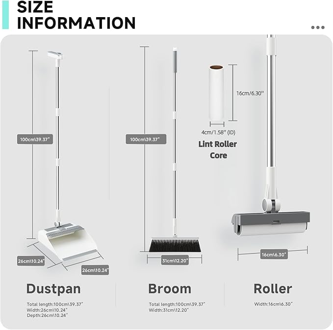 Broom And Dustpan Combo Set, Dust Pan with 3-In-1 Reusable Lint Roller Design 180° Brooms with Self-Cleaning Teeth for Floor Bathroom Kitchen Shower Tile Pet Hair Carpet Couch with 1 Extra Lint Roller