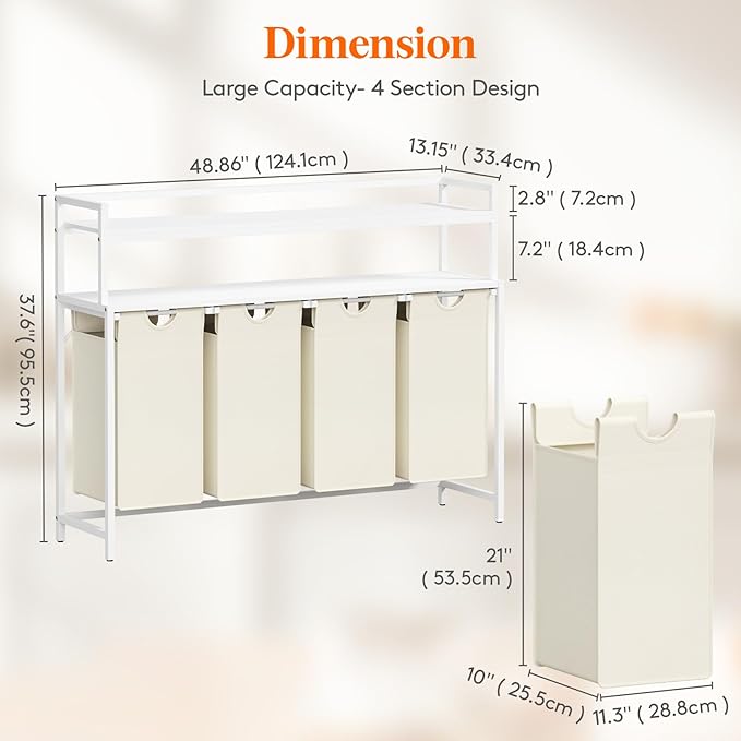Lifewit Laundry Hamper 4 Section, 168L Pull out Laundry Clothes Basket Organizer with Large Top Shelf and 4 Removable Bags and Handles for Laundry Room Bedroom Bathroom, White with Shelves