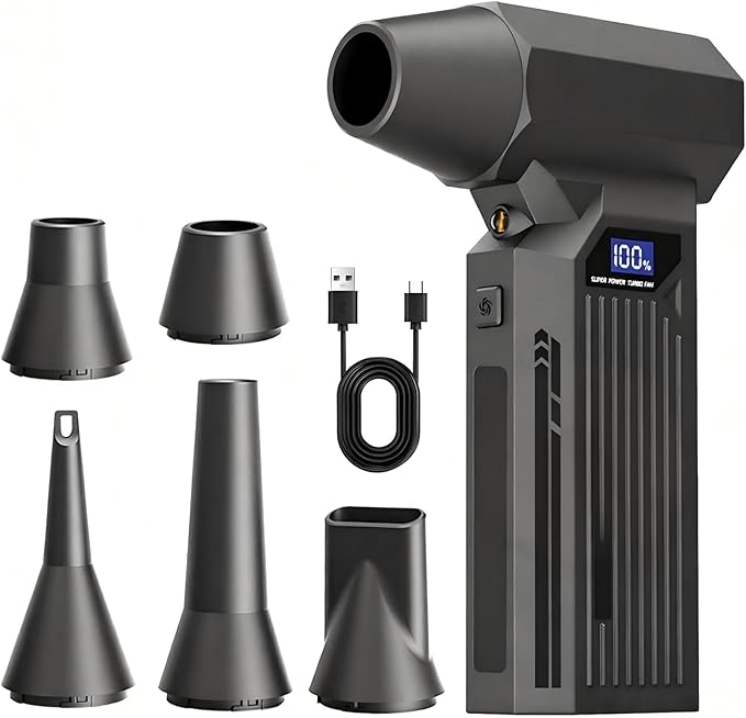 Compressed Air Duster-110000RPM Super Power Electric Air Duster, 3-Speed Adjustable Rechargeable Cordless Air Blower with Fast Charging for PC Keyboard Cleaning, Car, Home,Outdoor，5 Nozzle