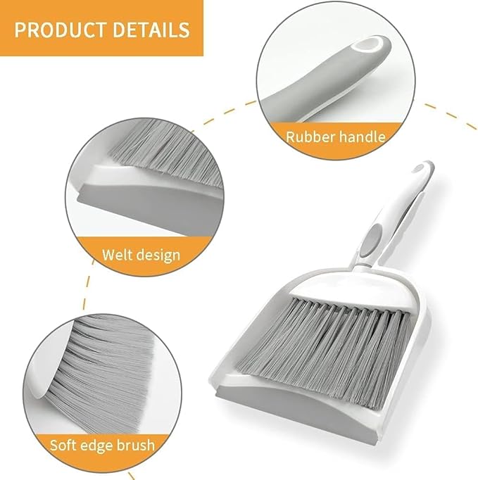 Dust pan, Mini Dustpan and Brush Set, Small Broom and Dustpan Set, Small Hand Broom and dust pan Set, Whisk Broom, Dust pan and Brush for Desk, Table, Home, Kitchen Necessities (Gray 3 pcs)