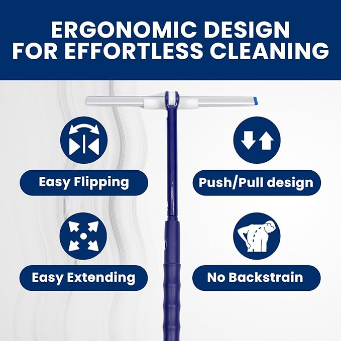 Extendable Shower Squeegee with 180-Degree Rotating Blade for Push/Pull Use – Ergonomic Cleaning Tool for Showers, Glass Doors, and Windows – 16'' to 28'' Handle for Strain-Free Cleaning