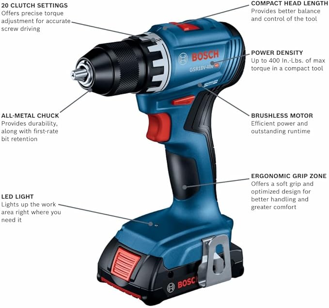 Bosch GSR18V-400B12 18V Compact Brushless 1/2 In. Drill/Driver Kit with (1) 2 Ah Standard Battery