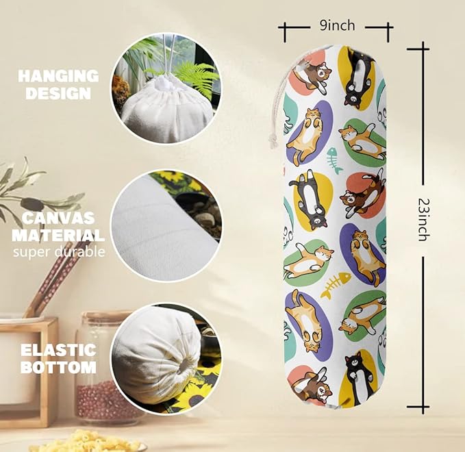 Cat Pattern Grocery Bags Holder Organizer For Shopping Bags，Wall Mount Plastic Bags Storage Container Dispensers, Pet Lovers Home Kitchen Gifts For Family, Friends, Cat Mom, Cat Dad, Women