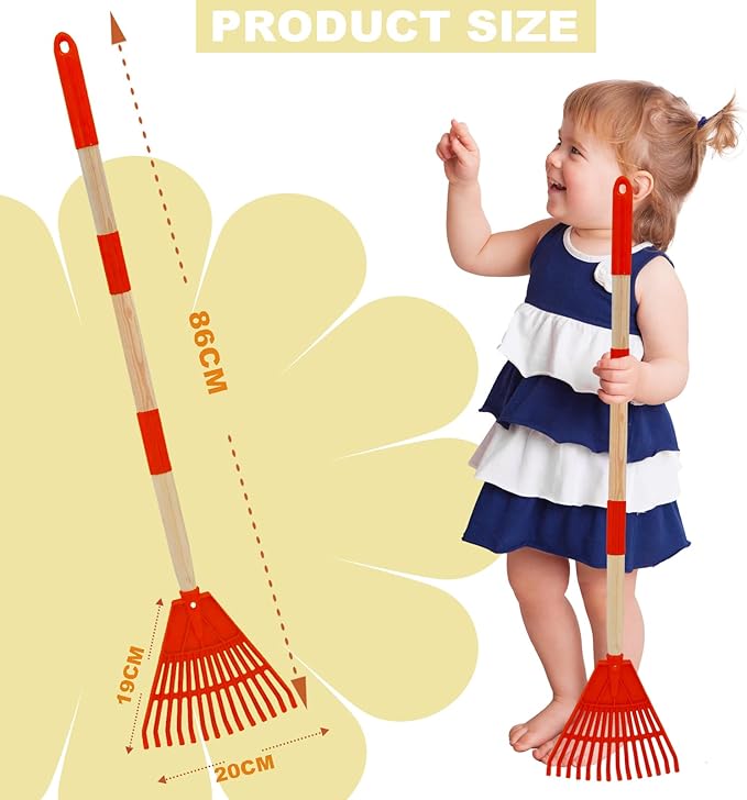 Kids Leaf Rake - 3-Section Adjustable Handle, Lightweight, Wood & Plastic, Small Garden Tool for Children (Red)