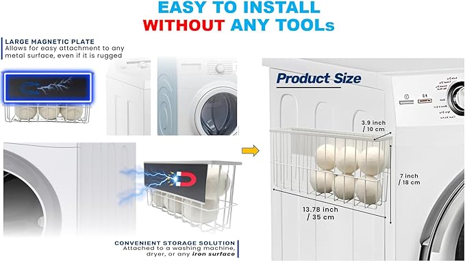 6 XL Wool Dryer Balls & Magnetic Dryer Ball Holder - Natural Fabric Softener, Reusable, Reduces Clothing Wrinkles and Saves Drying Time - Dryer Ball Container for Laundry Room Storage (XXL Size)