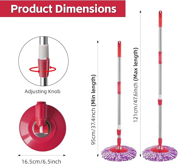 Spin Mop Replacement Handle, 47.6-inch 360 Degrees Rotating Telescopic Replacement Mop Stick with a Robust Stainless Steel Disc for Spin Mop Bucket Cleaning System (Stainless Steel Disc,Red)
