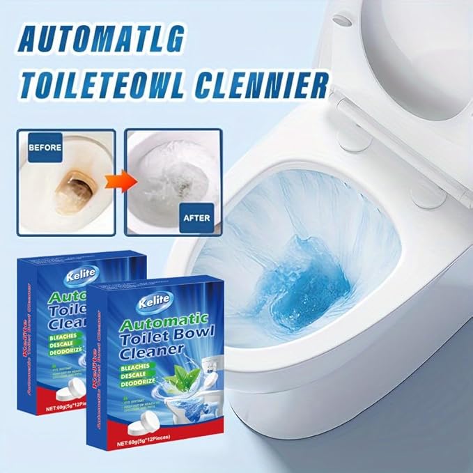 Toilet Bowl Cleaner Tablets 12-Pack, Automatic Cleaners with Bleach for Deodorizing and Descaling, Effective Against Tough Stains (White)