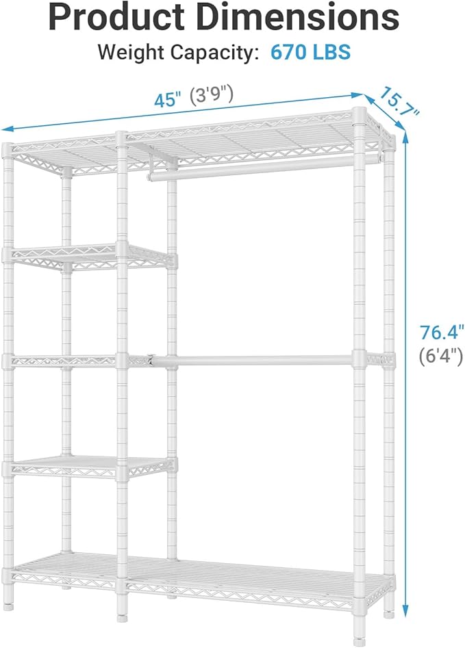 VIPEK V7 Garment Racks for Hanging Clothes Heavy Duty Clothes Rack with Shelves, Portable Closet Rack Metal Clothing Racks 5 Tiers Freestanding Closet Wardrobe System, Max Load 670lbs, White