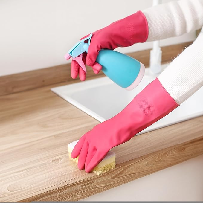 Bamllum Rubber Cleaning Gloves for Kitchen - 4 Pairs Reusable Dishwashing Gloves for Household, Flexible Long-lasting & Waterproof (Small, Blue+Green+Red+Orange)
