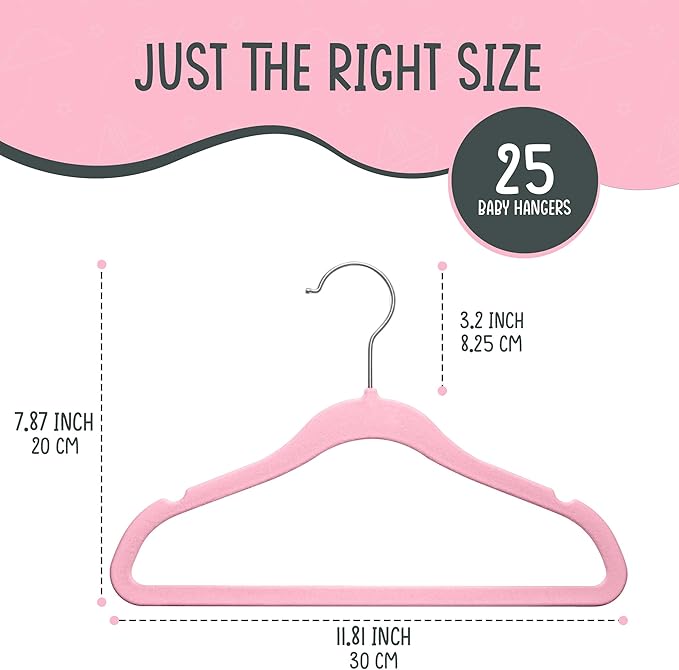 TechZoo 25 Premium Baby Velvet Hangers - 11.8 Inches Non-Slip & Ultra-Slim Baby Hangers for Space-Saving & Children Clothes - 360 Swivel Hook, Strong & Durable Infant & Toddler Clothes Hanger - Pink