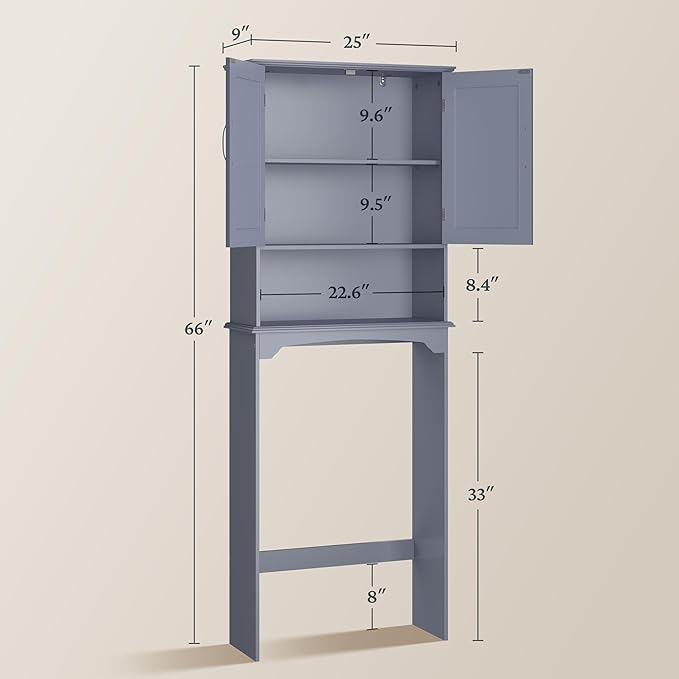 Yaheetech Over The Toilet Bathroom Cabinet with 2 Doors & Adjustable Shelf, Free Standing Toilet Rack Space-Saving, L24.5xW9xH66 Inches, Grey