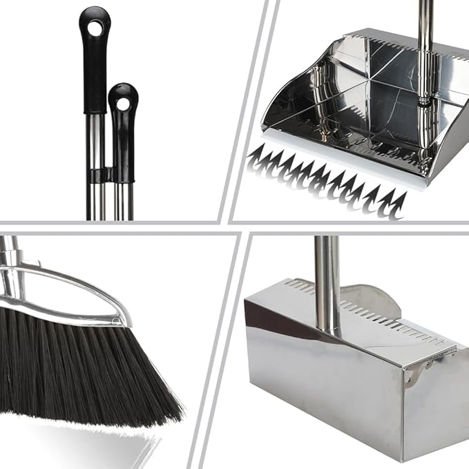Indoor Broom and Dustpan Comb Set,Heavy Duty Stainless Steel Metal Dust Pan with Long Handle Sweeping Soft Bristles Broom for Floor Home Lobby Office