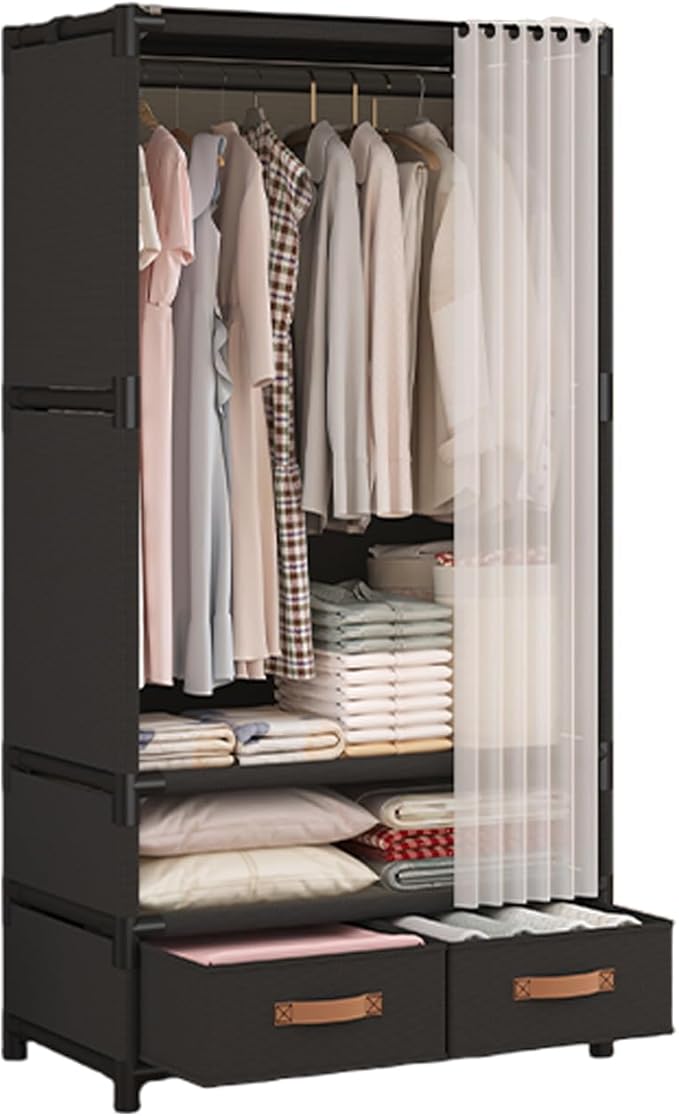 Portable Closet,Portable Closets for Hanging Clothes,Japanese Style Wardrobe Clothing Rack with 2 Drawers,1 Hanging Rods and 2 Storage Shelves,27.5" L x 17.7" W x 65.1" H,Black