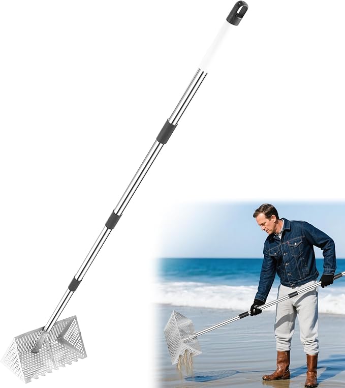 Sand Flea Rake, Long Handle Sand Sifter with 65-Inch Pole - Stainless Steel Shark Tooth Sifter, 13-Inch Wide Mesh Screen for Beach, Seaside Collecting of Fleas, Shark Teeth & Seashells