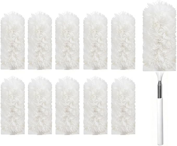 Heavy Duty Duster Refills, Disposable Dusters Kit for Cleaning Dusting Furniture Blind Ceiling Fan, Multi Surface 360 Feather Duster(10)+3FT Extended Handle（1） (White)