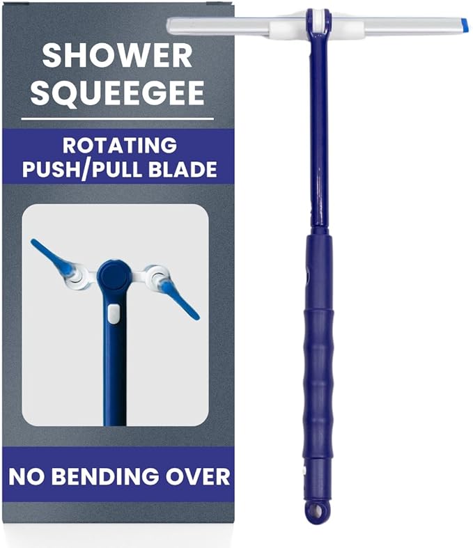 Extendable Shower Squeegee with 180-Degree Rotating Blade for Push/Pull Use – Ergonomic Cleaning Tool for Showers, Glass Doors, and Windows – 16'' to 28'' Handle for Strain-Free Cleaning