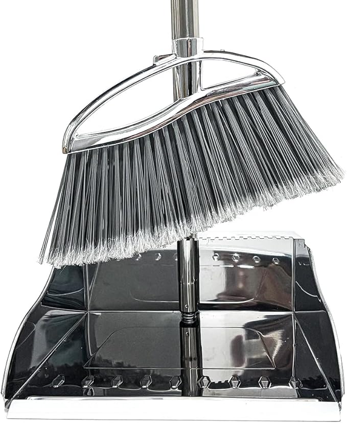 Outdoor Broom and Dustpan Comb Set,Heavy Duty Stainless Steel Metal Dust Pan with Long Handle Commercial Stiff Bristles Broom for Home Garage Garden Patio