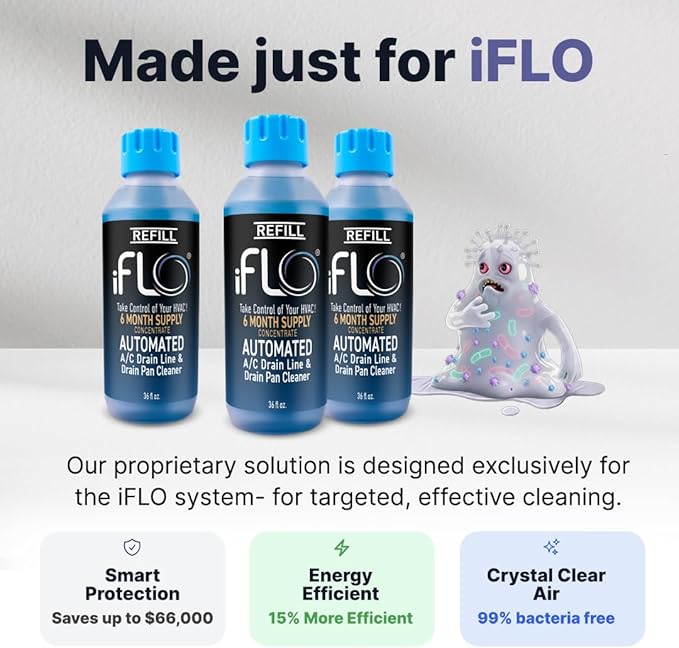 iFLO® Smart A/C Drain Line Cleaner and Drain Pan Cleaner Cartridge Concentrate, Fast-Acting, Long-Lasting HVAC System Solution for Tough Clogs & Buildup, 6-Month Supply per Bottle, 3 Pack of 36oz