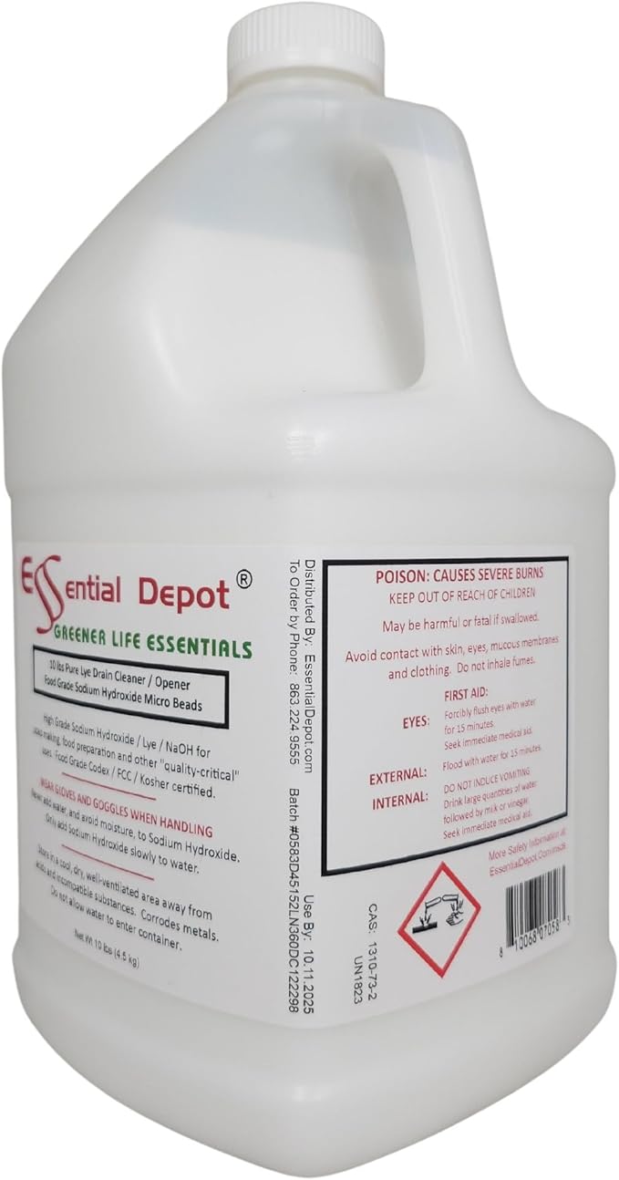 Essential Depot 10 lbs Bottle Food Grade Sodium Hydroxide Lye Evenly-Sized Micro Pels (Beads or Particles) - Lye Drain Cleaner - HDPE Container with Resealable Child Resistant Cap and Handle