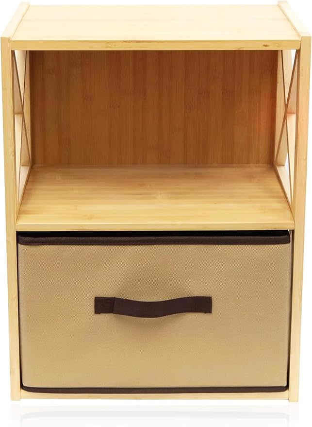 RoyalHouse 2-Tier Bamboo Storage Shelf with X-Design, Beige Fabric Drawer (2 Tier (11.5" D x 16.5" W x 21.5" H))