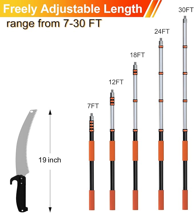 36FT Pole Saw, Telescoping Tree Trimmer with 7-30FT Extension Pole, Manual Branches Pruner for Backyard, Orange