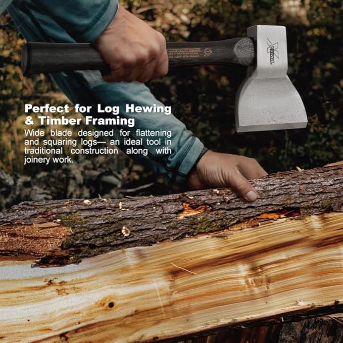 Traditional Broad Axe 36oz, Wood Axe, Biber Classic Carpenter's Hatchet, Straight Wooden Handle & Forged Steel Head, Hickory Handle, Outdoor Wood Splitting Chopping & Carving Tool