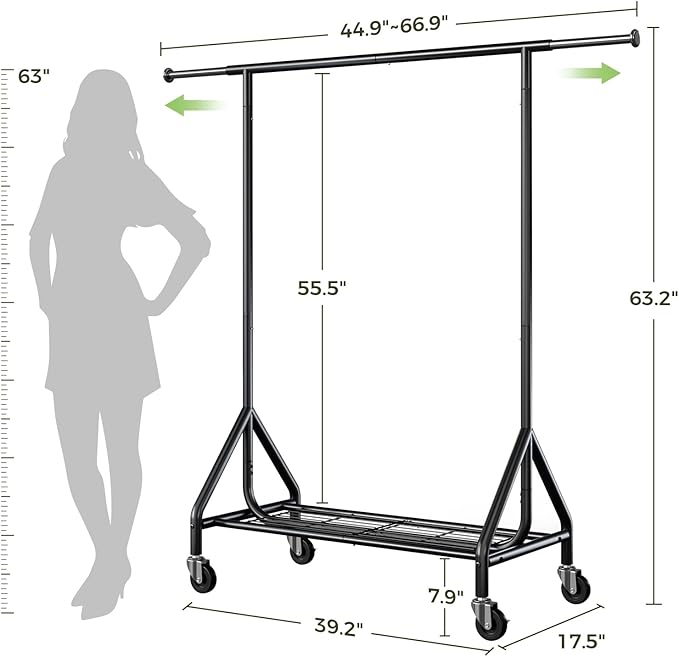Holiwei Clothes Rack Load 450 LBS, Heavy Duty Garment Rack, Standing Rolling Metal Hanging Clothes with Sturdy Wheels & Shelves, Black